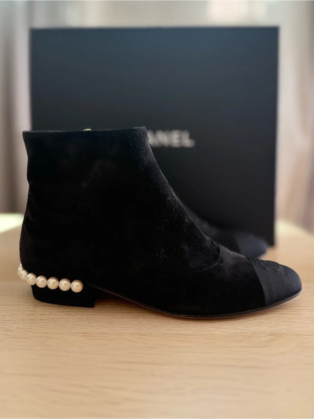 CHANEL Black Suede Pearl Heel Ankle Boots